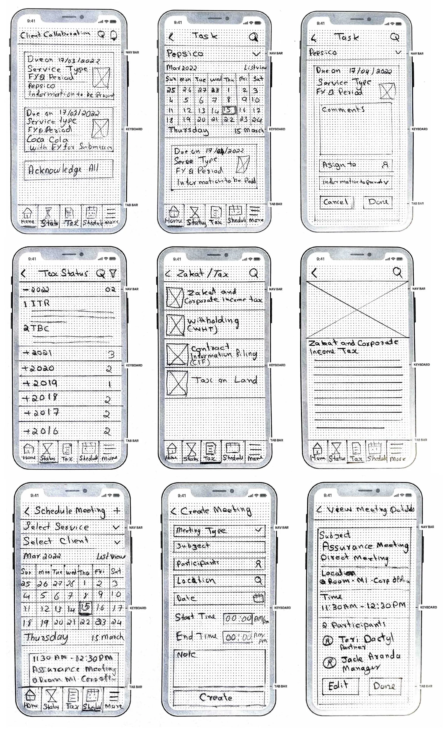 Low-fidelity wireframes for Client Collaboration Tool