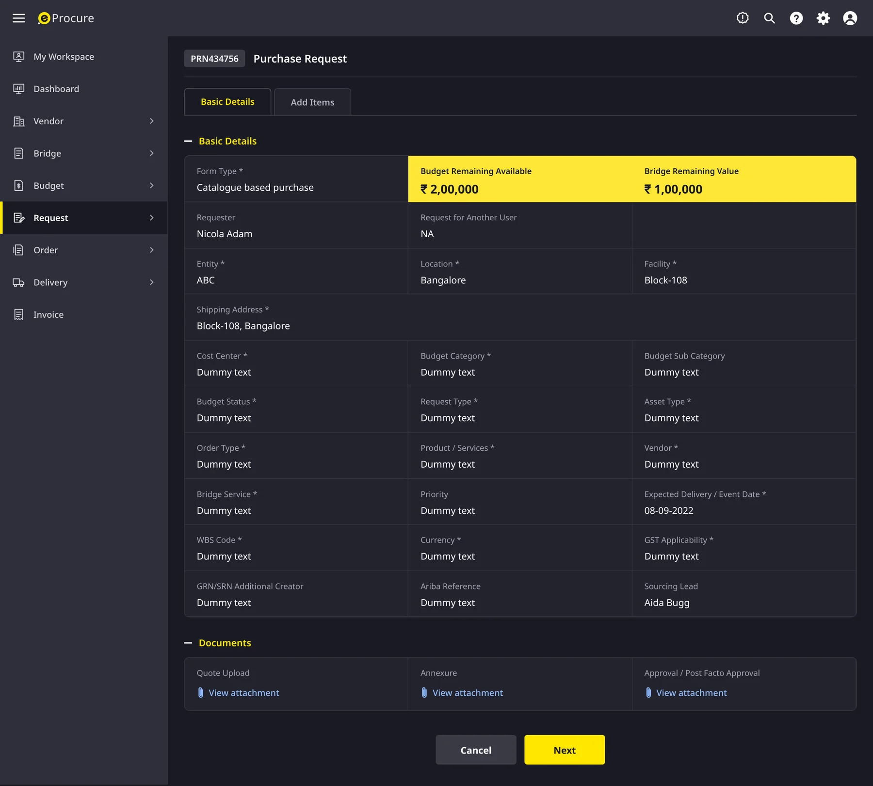 Raising a purchase request