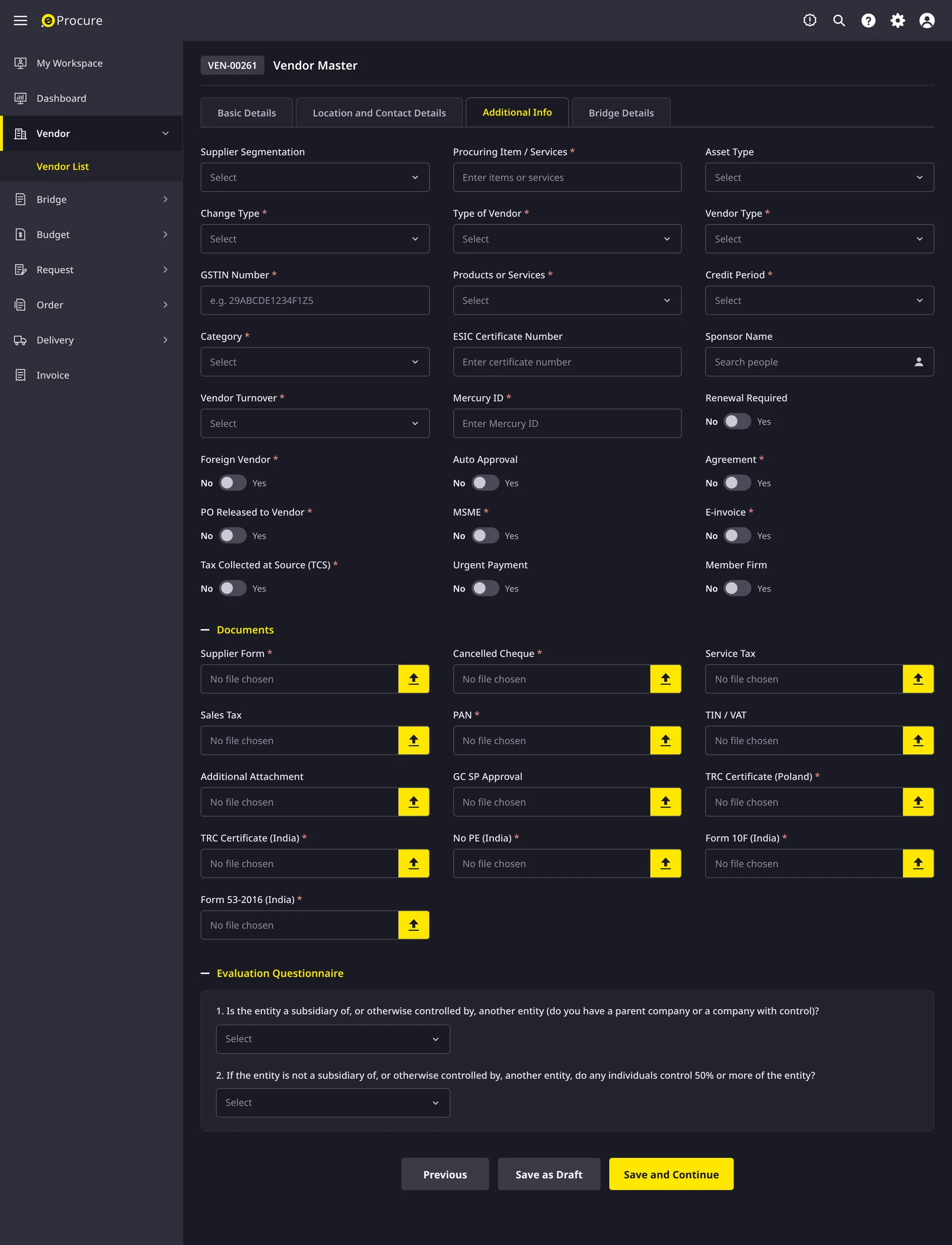 Onboarding a vendor