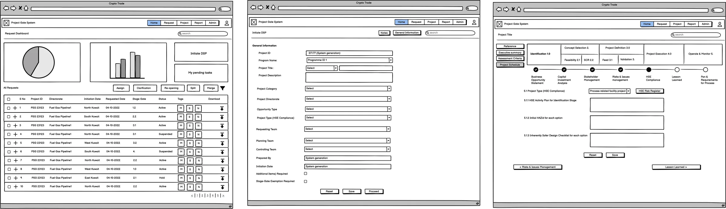 Low-fidelity wireframes for Project Gate System